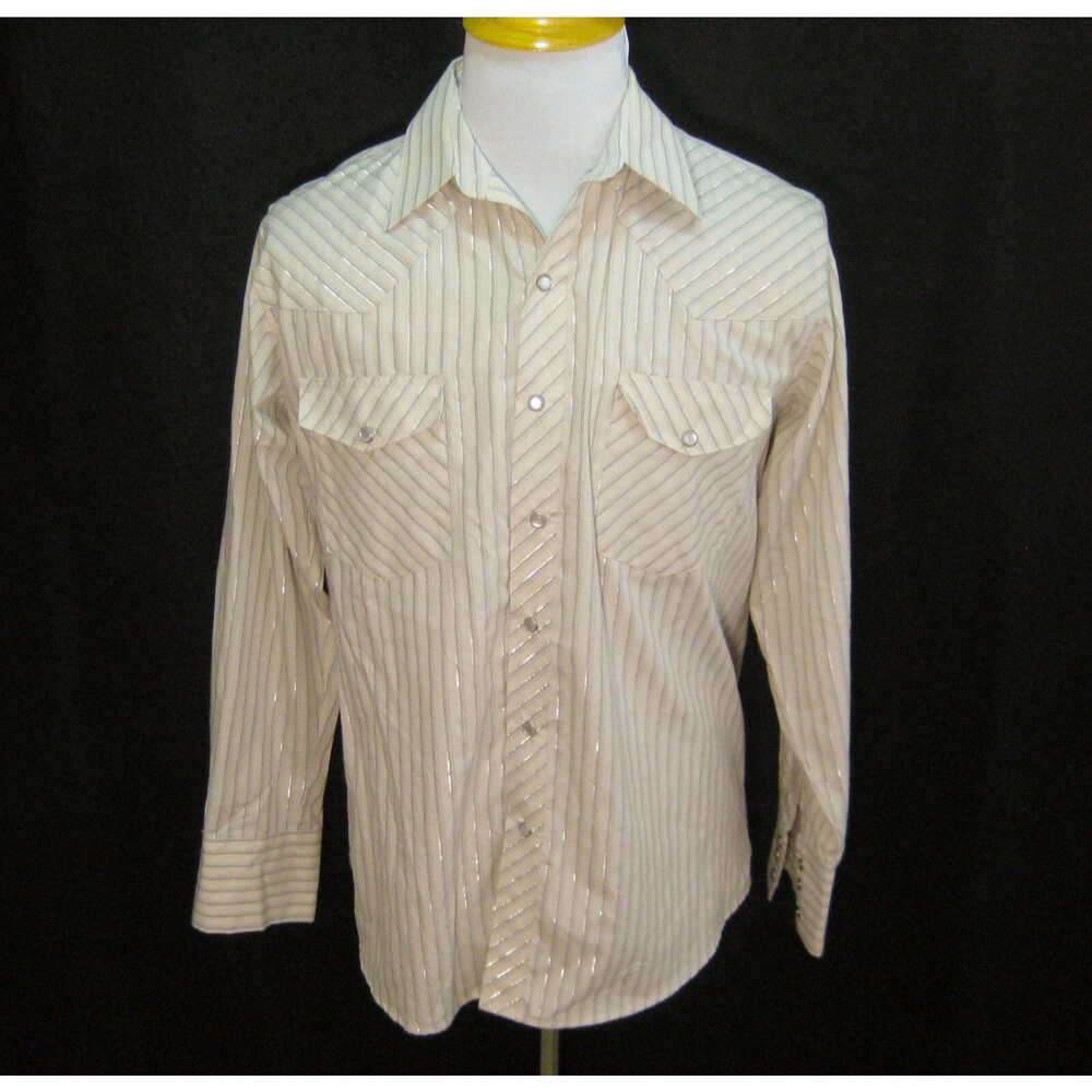 GIORGIO EBENNI Men's Medium Beige Pearl Snap Western Cowboy Shirt Silver Stripe